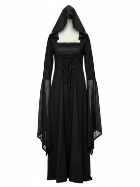 Black Hooded Lace-Up Maxi Dress with Bell Sleeves